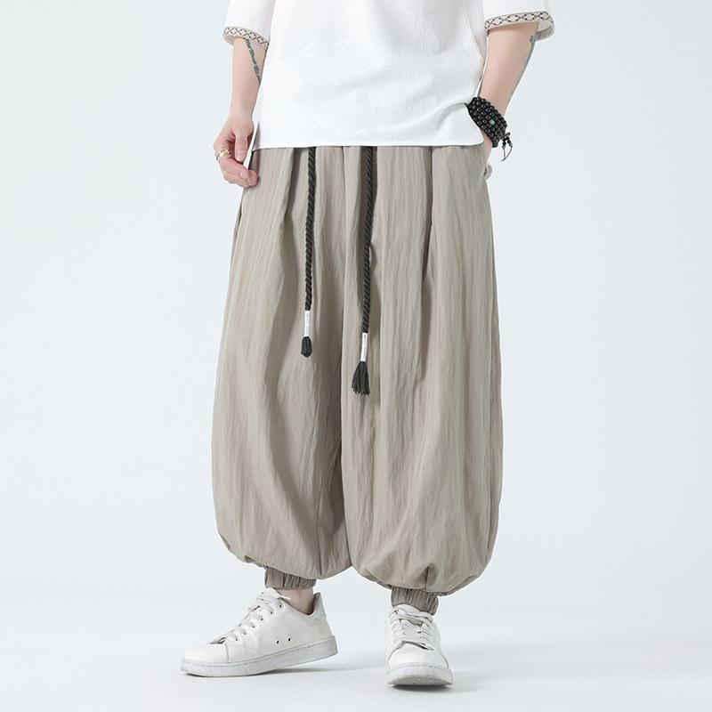 パンツ メンズ 男性用 サルエル アラジン ボトムス ロング ズボン 綿麻 リネン コットン チャイナ風 エスニック 春夏 ゆったり ゆったり 大きいサイズ 快適 通気性 ウエスト紐 水洗い ブラック カーキ 普段使い 無地