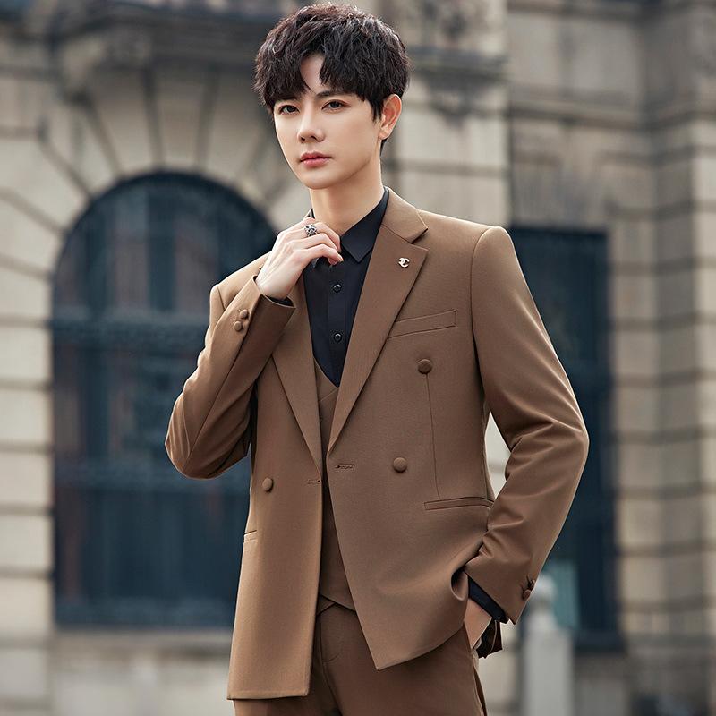 スーツ メンズ セットアップ 結婚式 ビジネス カジュアル 春秋 スリムフィット 細身 韓国 高級感 ジャケット ベスト スラックス 紳士服 形態安定 ストレッチ ボタン ブラック ブラウン コーヒー