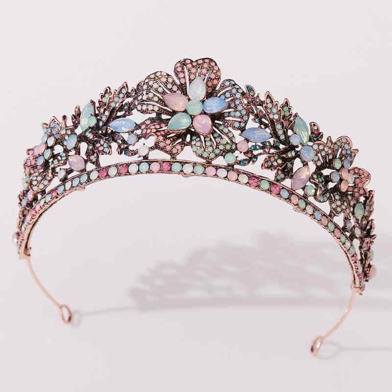 王冠 レディース ティアラ クラウン ヘッドドレス カチューシャ 髪飾り ヘアアクセサリー 結婚式 パーティー 披露宴 ブライダル 花嫁 バロック 宮廷風 マルチカラー ラインストーン リーフ アンティークレッドブロンズ 華やか エレガント 高級感 ゴー
