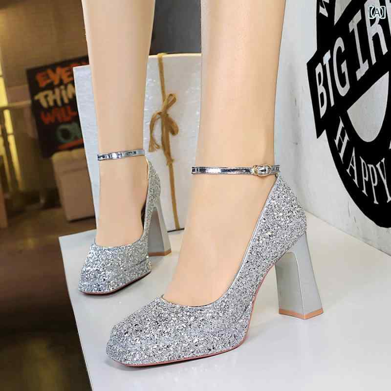 パンプス レディース チャンキーヒール 厚底 スクエアトゥ スパンコール グリッター ラメ キラキラ アンクルストラップ 結婚式 披露宴 パーティー フォーマル 銀 赤 金 春秋 上品 華やか 疲れにくい 欧米風 婦人靴 エレガント