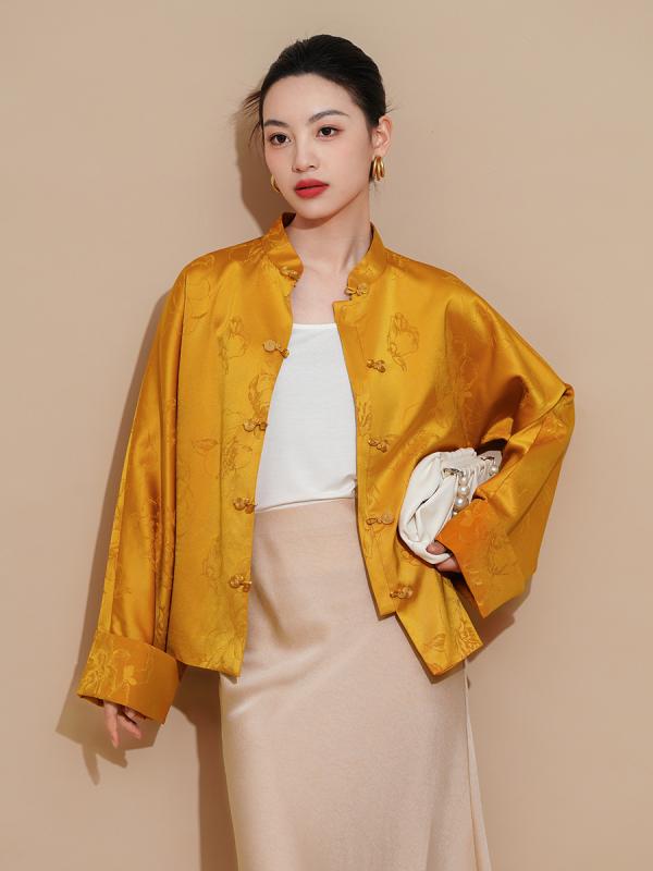 ジャケット レディース アウター チャイナ服 シャツ 金 ゴールド 春夏 薄手 高級感 上品 エレガント 中華風 立ち襟 マオカラー トリアセテート ジャガード ボタン 羽織り 普段使い お呼ばれ フォーマル 9,520円