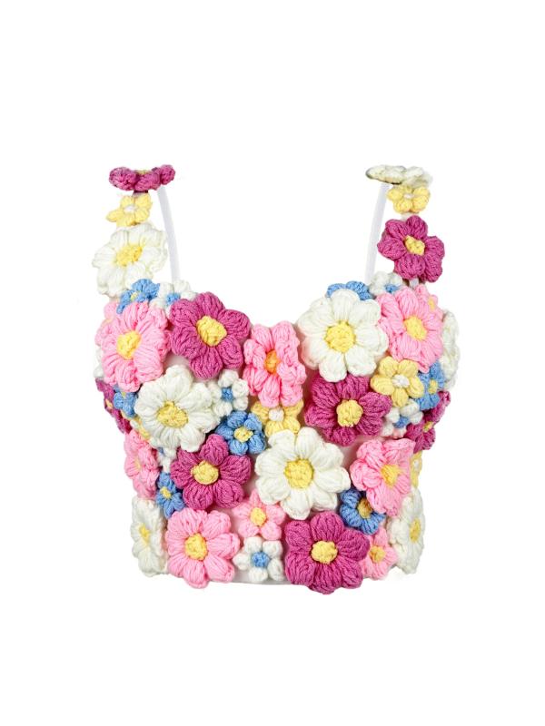 ブラジャー レディース 秋冬 ビスチェ コルセット インナー 下着 ショート丈 ボーン入り 立体 フラワー 刺繍 花柄 ニット 3D タイト ホワイト パステル かわいい 伸縮性 海外ファッション カジュアル