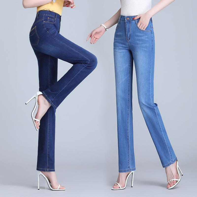 ジーンズ レディース デニムパンツ ストレートパンツ ハイウエスト 薄手 ゆったり 大きいサイズ 40代 ロングパンツ ジーパン 綿 コットン 快適 ストレッチ 通勤 カジュアル 春夏 接触冷感 ブルー ライトブルー