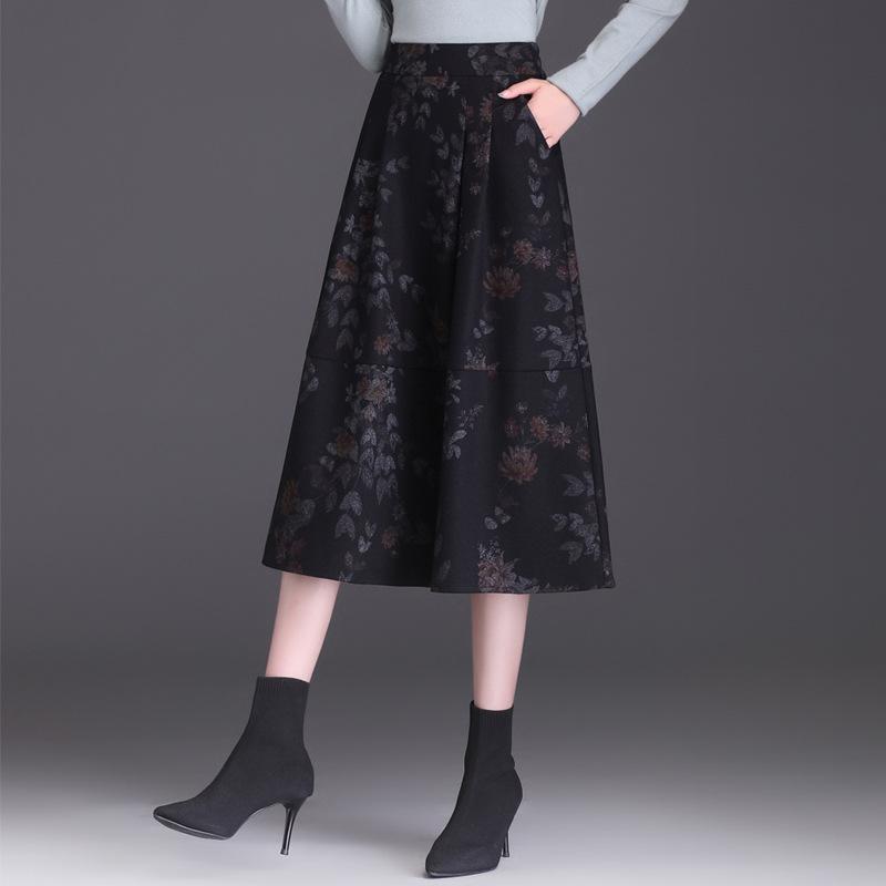 スカート レディース 秋冬 ニット 起毛 ジャガード 花柄 プリーツ Aライン ハイウエスト 総ゴム 裏地 厚手 ミモレ ロング丈 切り替え 通勤 オフィスカジュアル エレガント 上品 ブラック 伸縮性 普段使い 暖かい ポリエステル