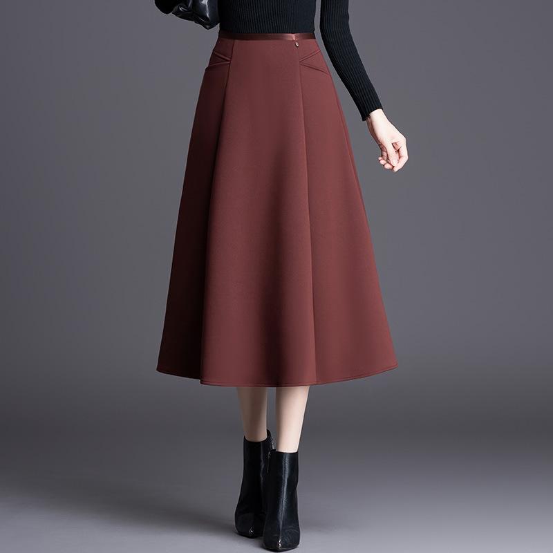スカート レディース ハイウエスト Aライン フレア ミモレ丈 ロング ボトムス 秋冬 厚手 切り替え ポリエステル ストレッチ 伸縮性 上品 きれいめ オフィス 通勤 普段使い カジュアル 無地 黒 ブラウン レッド