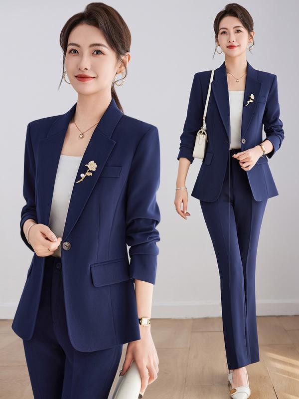 パンツスーツ レディース セットアップ 上下セット 春夏 高級感 上品 エレガント ビジネス フォーマル 事務服 接客 受付 通勤 オフィスカジュアル 無地 長袖 ワイドパンツ ポリエステル ボタン 黒 カーキ 紺