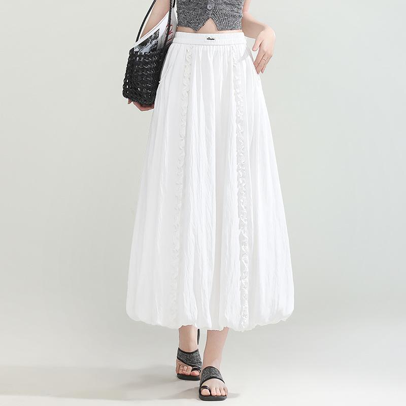スカート レディース ミモレ Aライン バルーン型 花びら 春夏 ホワイト ブラック 切り替え プリーツ 着痩せ 体型カバー オフィス 通勤 韓国 フェミニン ポリエステル ボトムス ロング丈 膝下 婦人服 伸縮性