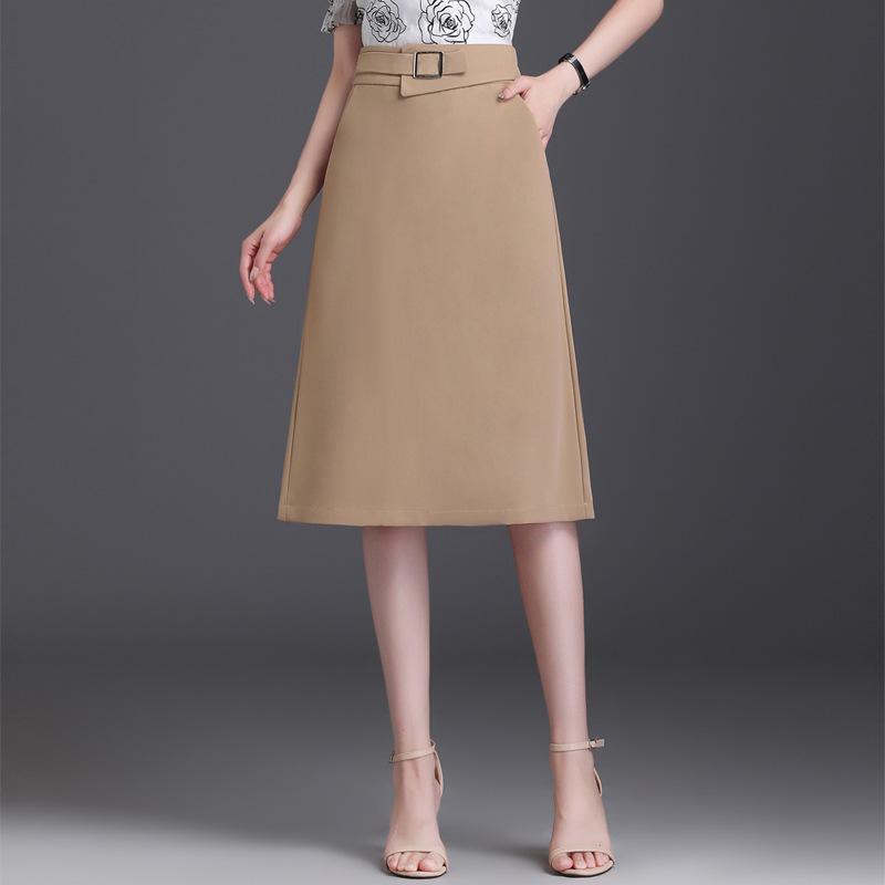 スカート レディース Aライン ミモレ丈 ロング プリーツ 膝下 ボトムス 婦人服 通勤 オフィス きれいめ カジュアル 韓国 ポリエステル 切り替え 落ち感 着痩せ 細見え 無地 高級感 春夏 黒 カーキ