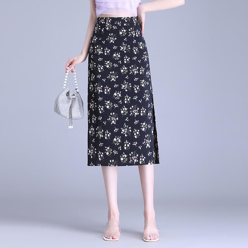 スカート レディース 花柄 スリット タイト ペンシル ハイウエスト 着痩せ 細見え ミモレ丈 オフィス 通勤 カジュアル ストレッチ ポリエステル 切り替え ボトムス きれいめ 春夏 モノトーン ブラック ホワイト