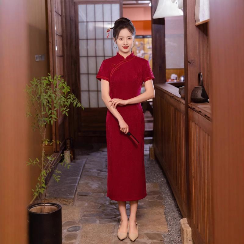 チャイナドレス レディース 40代 ワンピース 結婚式 披露宴 演奏会 母親 義母 高級感 エレガント 春夏 ロング丈 型 赤 大きいサイズ ニット ポリエステル レトロ クラシカル 立ち襟 半袖 華やか 親族 お呼ばれ 冠婚葬祭 上品