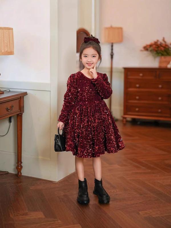 ワンピース 女の子 秋冬 発表会 ラテンダンス ステージ衣装 子供服 キッズウェア フォーマル ドレス プリンセス 裏起毛 防寒 スパンコール 膝丈 ポリエステル ワインレッド かわいい