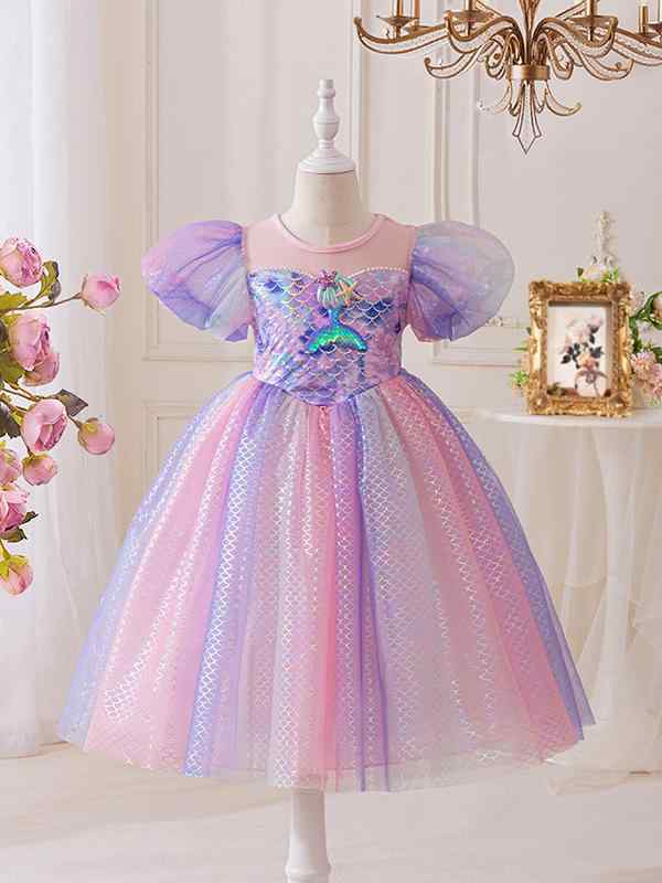 ドレス 女の子 キッズ ワンピース プリンセス チュール チュチュ マーメイド 人魚 発表会 結婚式 舞台衣装 フラワーガール かわいい 春夏 裏地コットン ピンク 柔らかい ふんわり 膝丈 ナイロン 子ども服 透け感 フェミニン