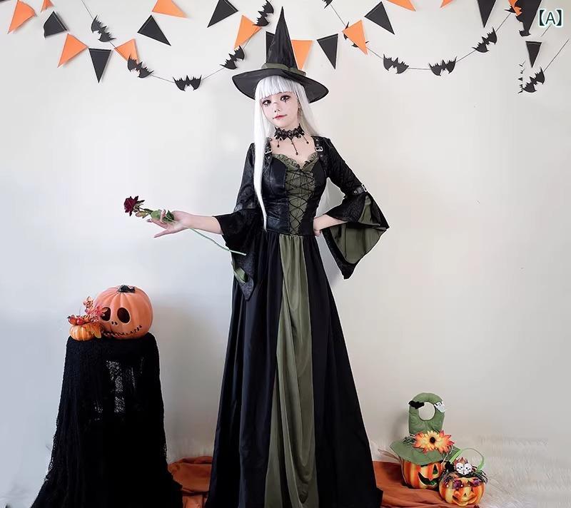 ハロウィン コスプレ レディース ドレス 魔法使い 魔女 ウィッチ 小悪魔 ローブ ガウン ロング コスチューム クリスマス パーティー イベント 発表会 ファンタジー ゴシック ステージ 衣装 セット