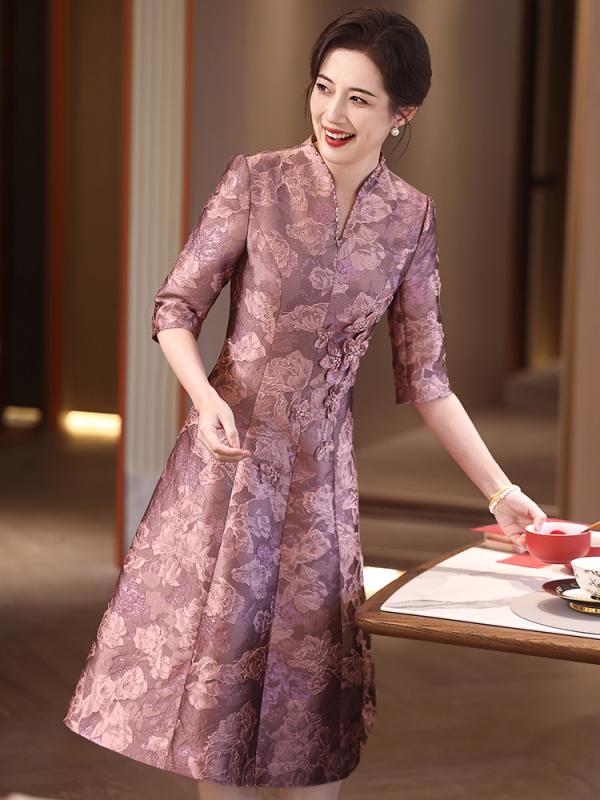 チャイナドレス レディース 40代 ロングワンピース 婦人服 お母さん ママ 大きいサイズ ゆったり 体型カバー 春秋 七分袖 ポリエステル 高級感 上品 エレガント 通勤 パープル きれいめ マキシ丈