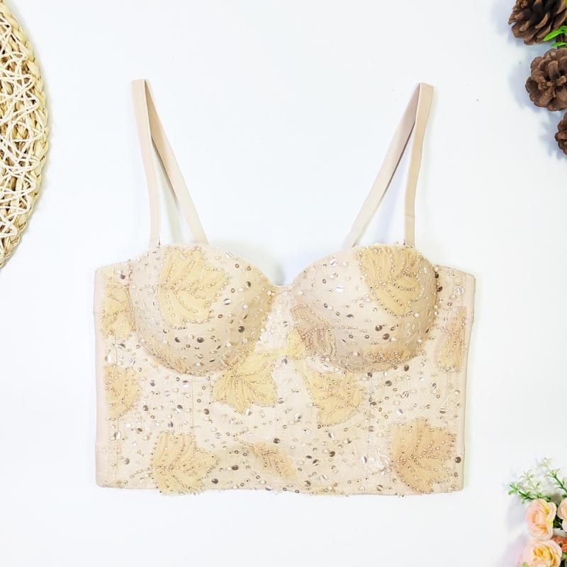 キャミソール レディース トップス チューブトップ ベアトップ ビスチェ セクシー 総レース ビーズ刺繍 スパンコール タイト スリム 背中あき バックオープン インナー 春夏 アプリコット ストリート ポリエステル ショート丈