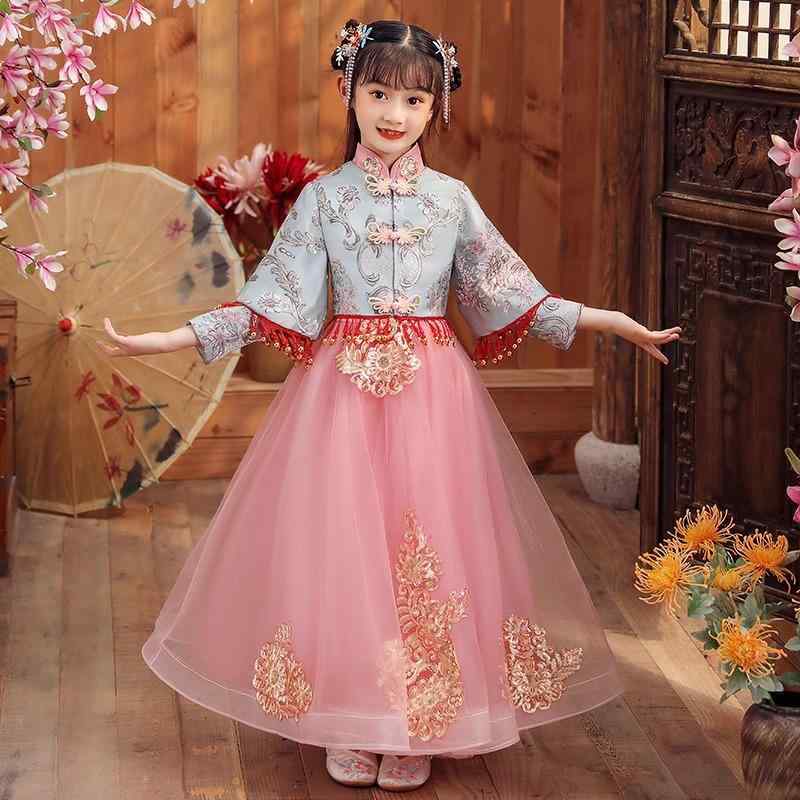 漢服 女の子 キッズ チャイナドレス 中国風 ワンピース コスチューム 伝統的 民族衣装 かわいい 上品 高級感 オールシーズン ピンク レッド ブルー ポリエステル プリント お正月 七五三 発表会