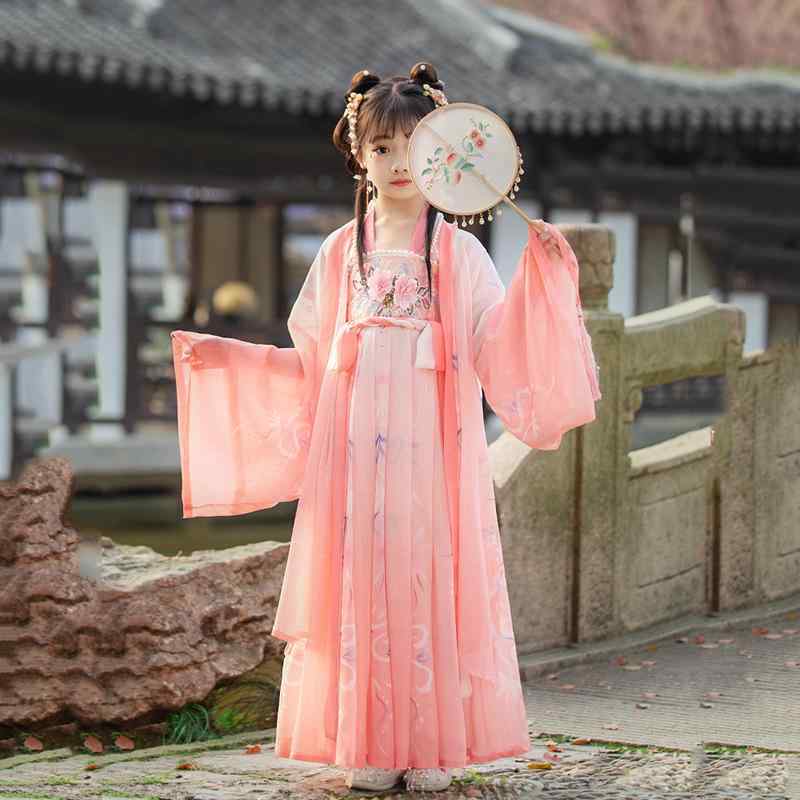 ワンピース 女の子 キッズ 漢服 唐装 中国風 民族衣装 古装 桜柄 プリンセス かわいい シフォン 柔らかい 発表会 結婚式 お出かけ 春夏 ピンク 華やか 伝統的 幻想的 揺れ感