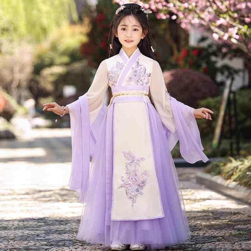漢服 女の子 ジュニア 民族衣装 伝統的 チャイナドレス キッズ ガールズ 演出用 舞台 発表会 紫 パープル ラベンダー 秋冬 長袖 薄手 花柄 柔らかい ポリエステル 高級感 かわいい おしゃれ