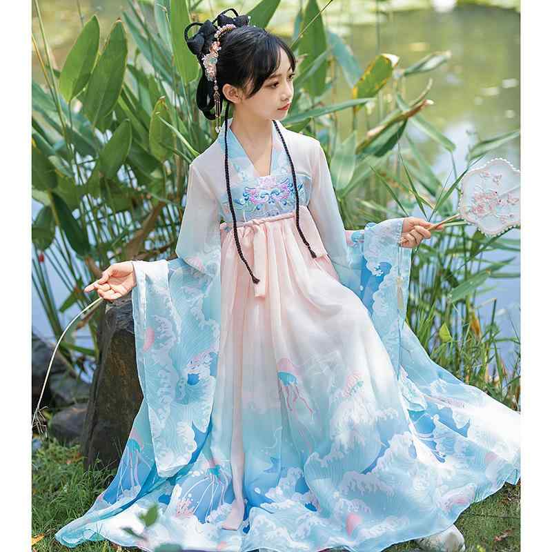 ワンピース 女の子 漢服 中華服 唐装 襦裙 中国風 伝統衣装 民族衣装 子供服 古装風 花柄 リネン 麻 柔らかい かわいい プリンセス 妖精風 エレガント 撮影 七五三 発表会 お出かけ ブルー 雲模様 オールシーズン 高級感