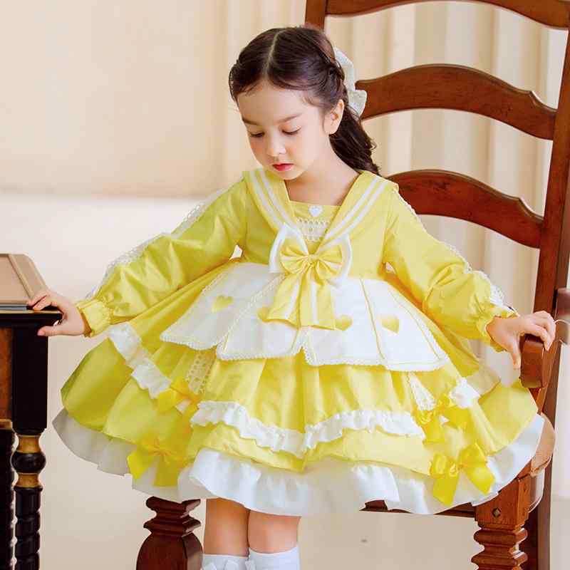 衣装 うしろ帯 キッズ ロリータ ロリィタ 赤ちゃん用 御召しもの 御姫様 翰林院風 長袖 パニエ 音の大きさ フラウンス 綿 綿織物 生まれながら原材料 吸湿 通気性 黄 黄色 春 普段使い走り 通園 告げ知らせる会 可愛らしい 膝丈 無地