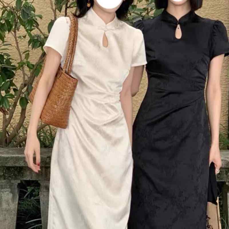 ワンピース レディース チャイナドレス ジャガード 織り レトロ モダン エレガント 上品 きれいめ 通勤 普段使い お出かけ ポリエステル 杏 アプリコット 春夏 半袖 ショートスリーブ 立ち襟 タイト フレア｜フロントップ店