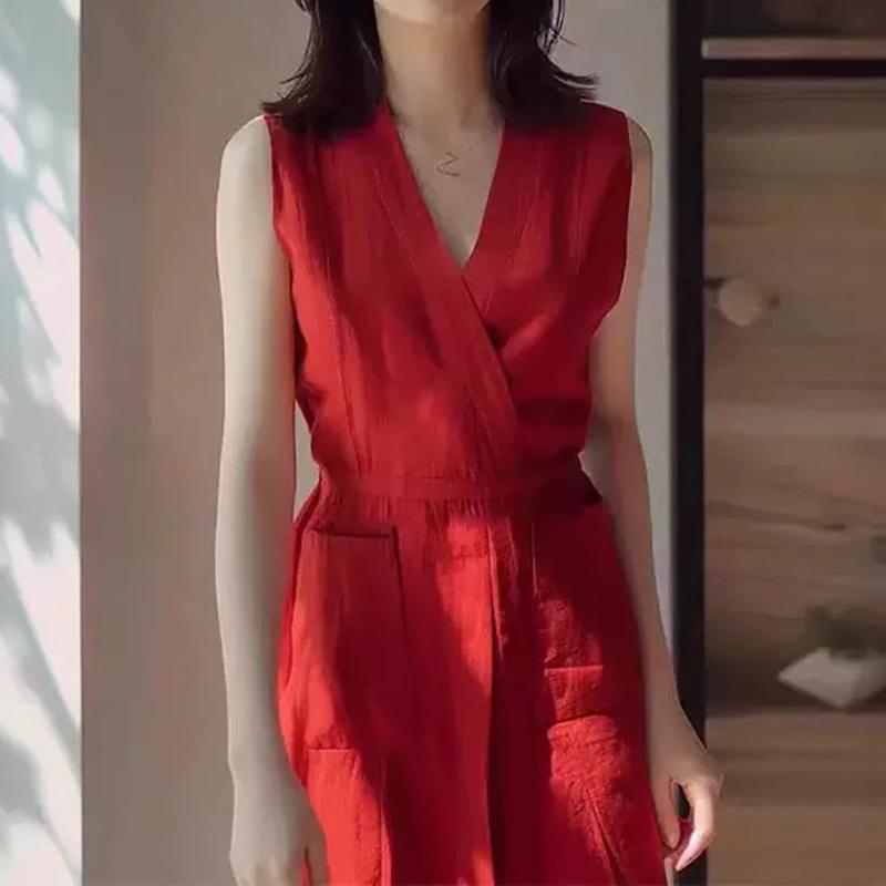 ワンピース レディース ドレス 赤 リネン 亜麻 綺麗め 上品 大人 お姉系 セクシー ミモレ丈 Vネック ノースリーブ オープンショルダー スリム タイト 通勤 お呼ばれ デート 春夏 ポリエステル