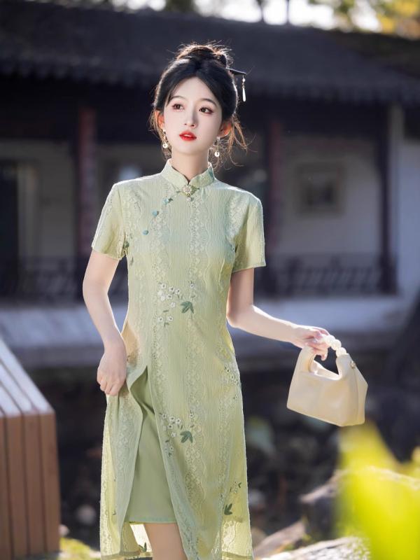 ワンピース レディース 春夏 チャイナドレス チャイナ服 刺繍 レース ミディアム丈 膝丈 スタンドカラー 上品 エレガント フェミニン かわいい 三分袖 透け感 結婚式 パーティー グリーン アプリコット 4,996円
