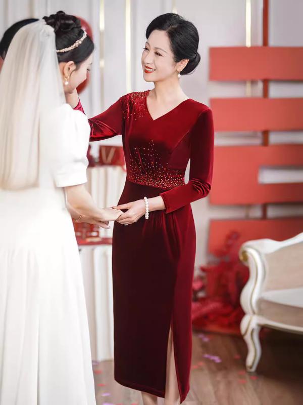 ワンピース レディース 50代 結婚式 披露宴 結納 母親 マザーズドレス フォーマル パーティー ベロア ベルベット ワインレッド 長袖 ロング丈 高級感 華やか 上品 エレガント 春夏|フロントップ店