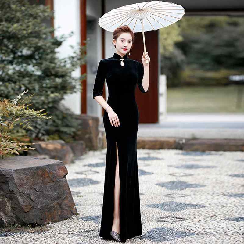 チャイナドレス レディース ロング チャイナ服 ベルベット ベロア 高級感 上品 エレガント 長袖 立ち襟 舞台衣装 発表会 ステージ衣装 赤 黒 ポリエステル アセテート きれいめ 大人 かわいい スリム シルエット