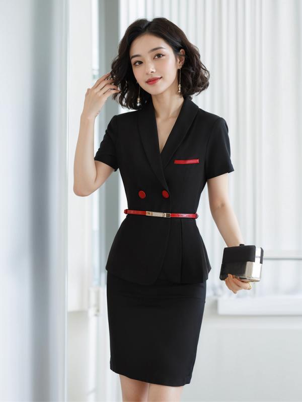 セットアップ レディース 春夏 半袖 ジャケット スカート スーツ 事務服 ユニフォーム 接客 ホテル 受付 スリム タイト 上品 エレガント 高級感 伸縮性 ストレッチ ポリエステル ブラック ピンク