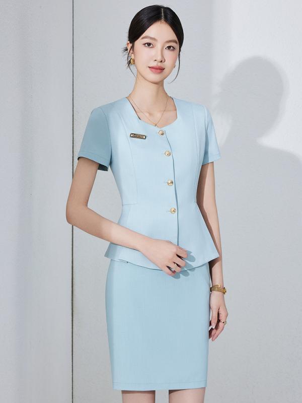 セットアップ レディース パンツ スカート 半袖 春夏 事務服 受付 美容師 ジュエリーショップ オフィス ライトグリーン ネイビー ブラック ポリエステル 膝丈 エレガント 高級感 スーツ 無地 ストレッチ きれいめ