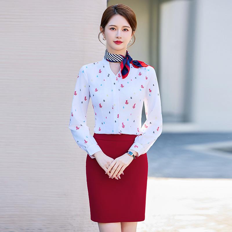 セットアップ レディース シャツ ブラウス Vネック 長袖 春夏 通勤 オフィス 制服 上下 トップス スカート 2点 ノーアイロン スリム きれいめ 上品 エレガント 高級感 ポリエステル ストレッチ ボタン ブルー レッド 無地