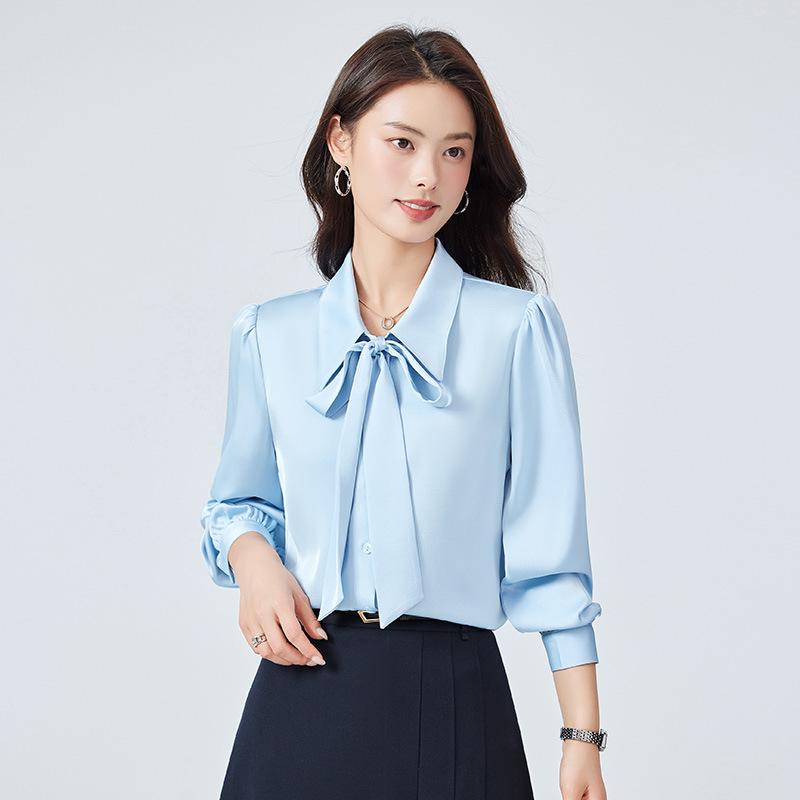 セットアップ レディース 長袖 ブラウス スカート 2点セット 上下セット 秋冬 通勤 オフィス 事務服 襟 ボウタイ リボン 高級感 おしゃれ 上品 エレガント 切り替え 無地 ポリエステル スリム タイト ホワイト ピンク ブルー ボタン
