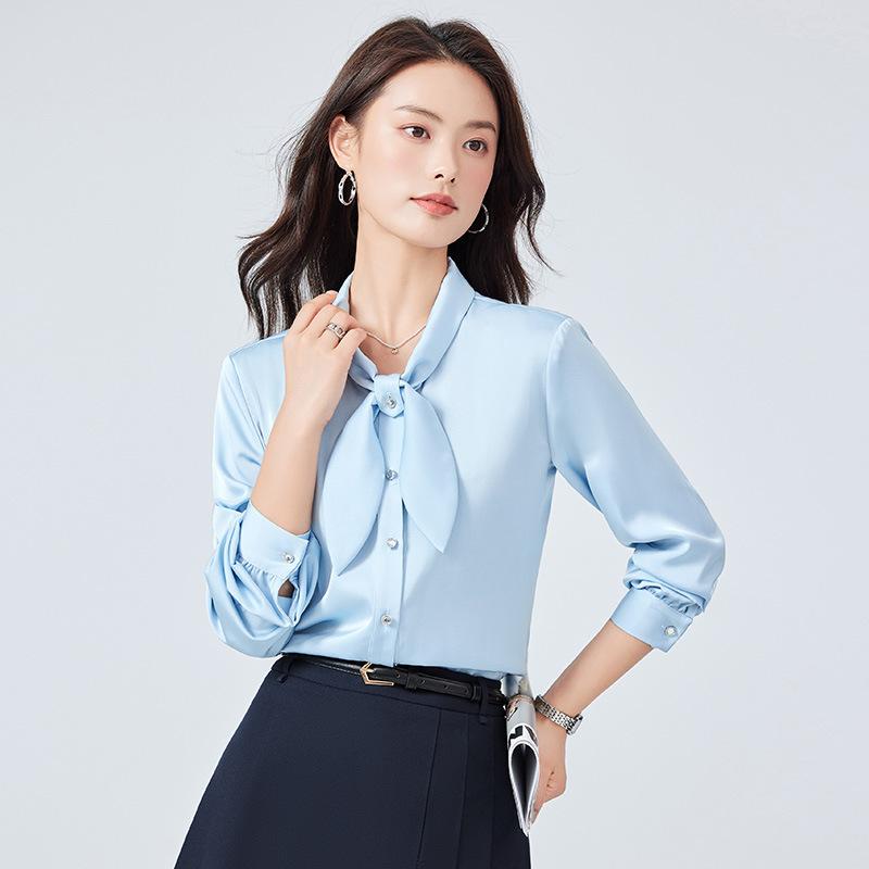 セットアップ レディース シャツ ブラウス スカート ボウタイ リボン 長袖 事務服 ワークウェア ビジネス 通勤 オフィス きれいめ 大人 高級感 薄手 春夏 膝丈 切り替え ホワイト ブルー グリーン パフスリーブ ボタン 上品