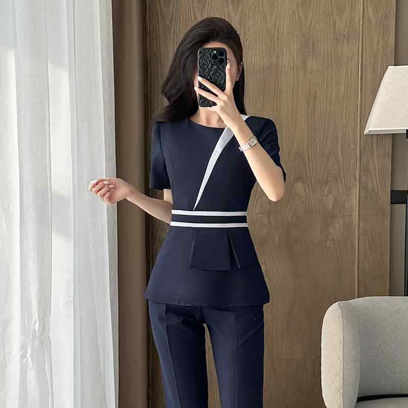 セットアップ レディース スーツ 事務服 制服 春夏 半袖 9分丈パンツ 高級感 大きいサイズ 受付 美容院 歯科 オフィス パンツスーツ ポリエステル ブラック ネイビー グレー