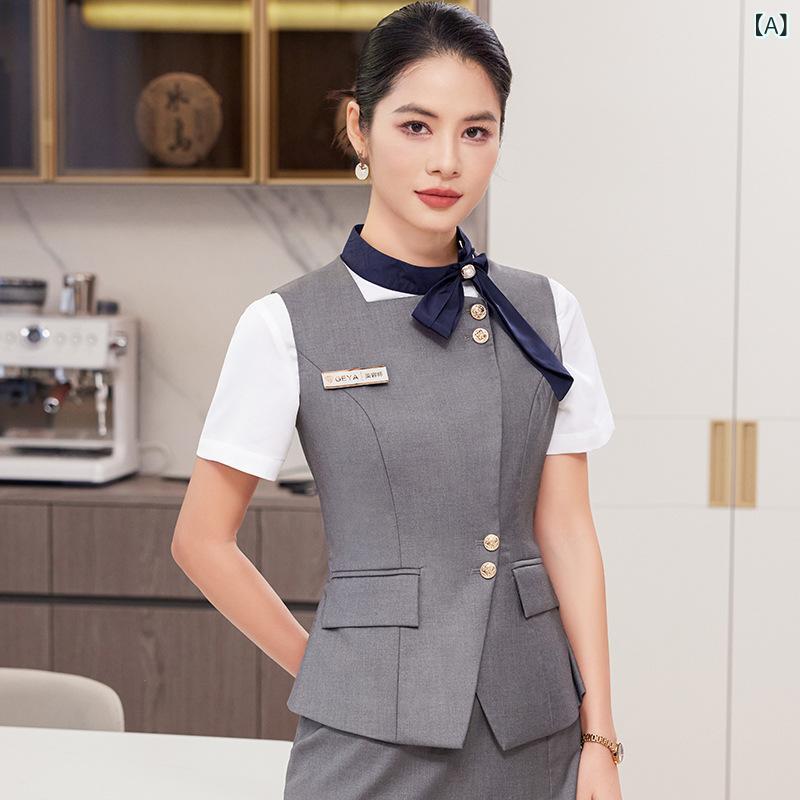 セットアップ レディース ベスト ジレ 事務服 制服 職業服 スーツ スカート ブラウス オフィス 通勤 接客 受付 銀行 ホテル 美容院 エステ 高級感 スリム 無地 ポリエステル ボタン 春夏 グレー ネイビー