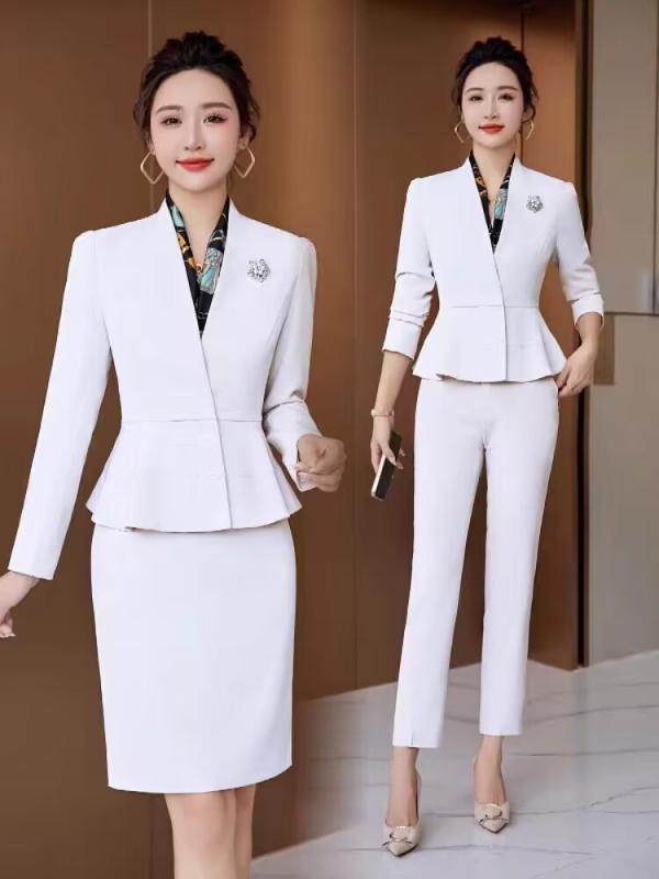 スーツ レディース セットアップ テーラードジャケット スカート パンツ 事務服 受付 サロン ユニフォーム 通勤 オフィス フォーマル 上品 エレガント 高級感 長袖 ポリエステル ホワイト ネイビー ブラック