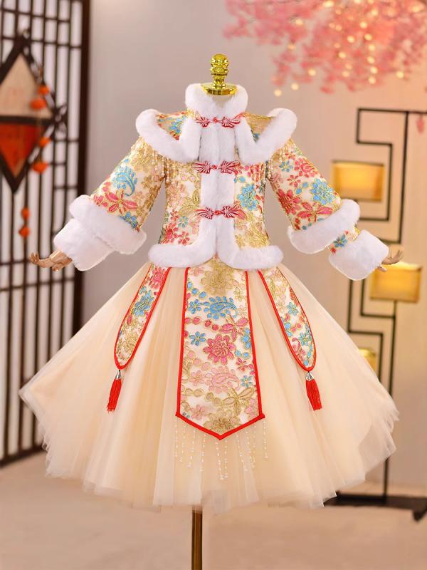 チャイナドレス 女の子 キッズ 子供 ベビー セットアップ 唐装 秋冬 中綿 裏起毛 厚手 防寒 ケープ ポンチョ スカート 上下セット レース 中国風 衣装 お正月 七五三 発表会 シャンパン レッド ファー かわいい