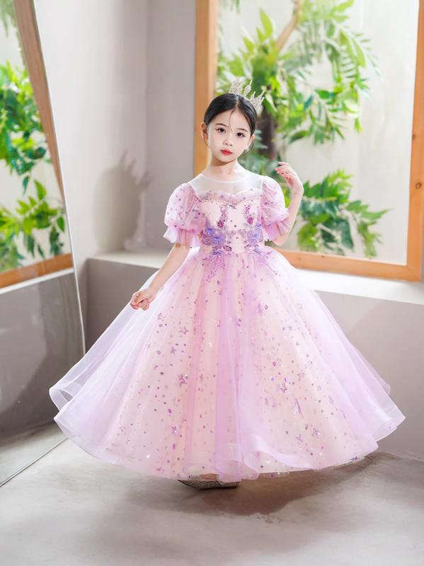 ワンピース 女の子 ドレス キッズ チュール フォーマル プリンセス ピアノ 発表会 結婚式 半袖 フラワーガール ふんわり 上品 かわいい ライトパープル ポリエステル オールシーズン 子供服 お姫様 おしゃれ フリル