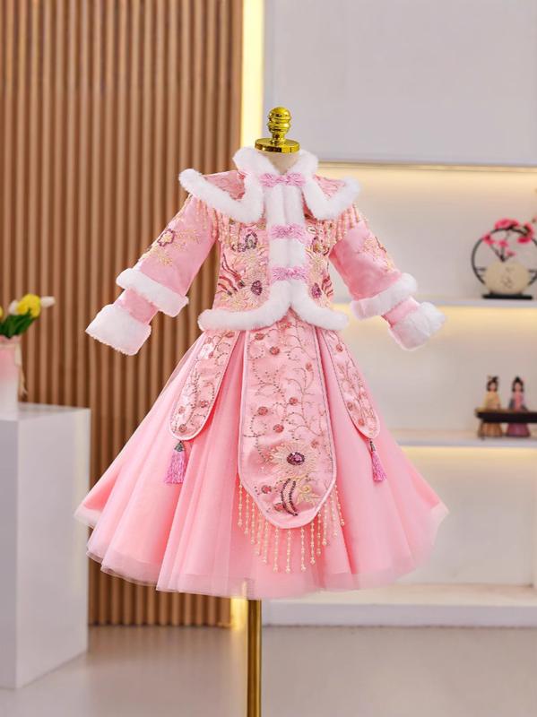 セットアップ 女の子 キッズ 子供 漢服 チャイナドレス スカート ボトムス 中華風 冬 中綿入り 厚手 コーデュロイ チュール ポリエステル かわいい 上品 レッド ピンク 防寒 暖かい 伝統スタイル お正月 新年 記念撮影