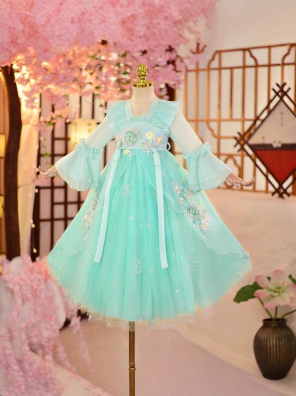 ワンピース 女の子 子供服 キッズ 漢服 唐装 中国風 ドレス プリンセス チャイナドレス風 半袖 長袖 春夏 花柄 レース 刺繍 妖精 かわいい お出かけ 発表会 結婚式 七五三 ピンク グリーン 高級感 ポリエステル 通気性