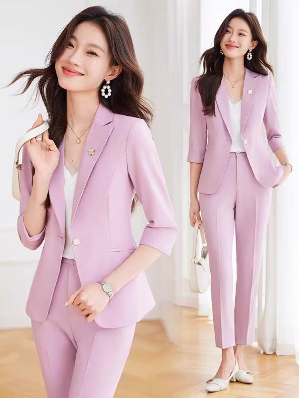 セットアップ レディース 春夏 パンツスーツ 七分袖 ジャケット アンクル丈 スラックス 事務服 制服 ビジネス 通勤 オフィス フォーマル きれいめ 上品 エレガント 無地 ポリエステル ブラック グレー ピンク 40代