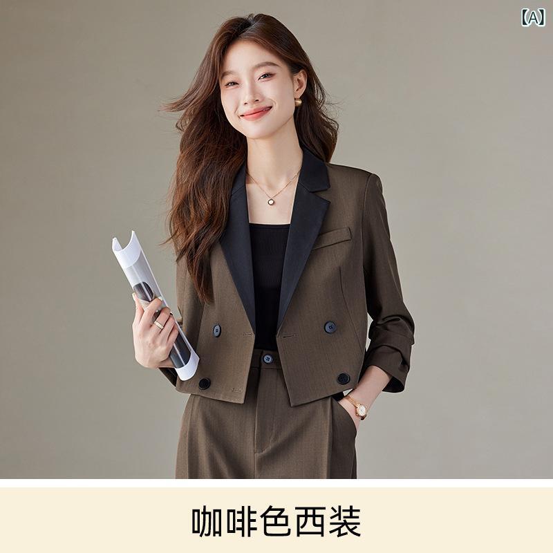 セットアップ レディース テーラードジャケット ショート丈 秋冬 低身長 小柄 高級感 通勤 ビジネス オフィスカジュアル パンツ スカート ポリエステル コーヒー ダークグレー 長袖 エレガント 上品