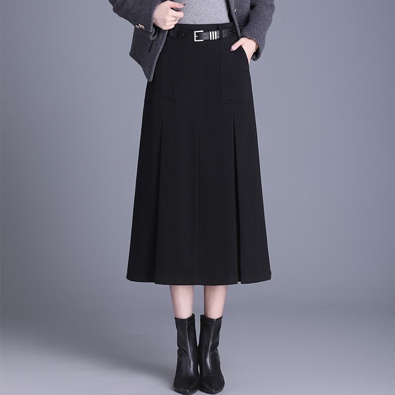スカート レディース Aライン ロング ミモレ丈 ウール調 秋冬 ハイウエスト プリーツ ボトムス 通勤 オフィス カジュアル 上品 きれいめ 高級感 落ち感 ブラック ブラウン ポリエステル 伸縮性 40代