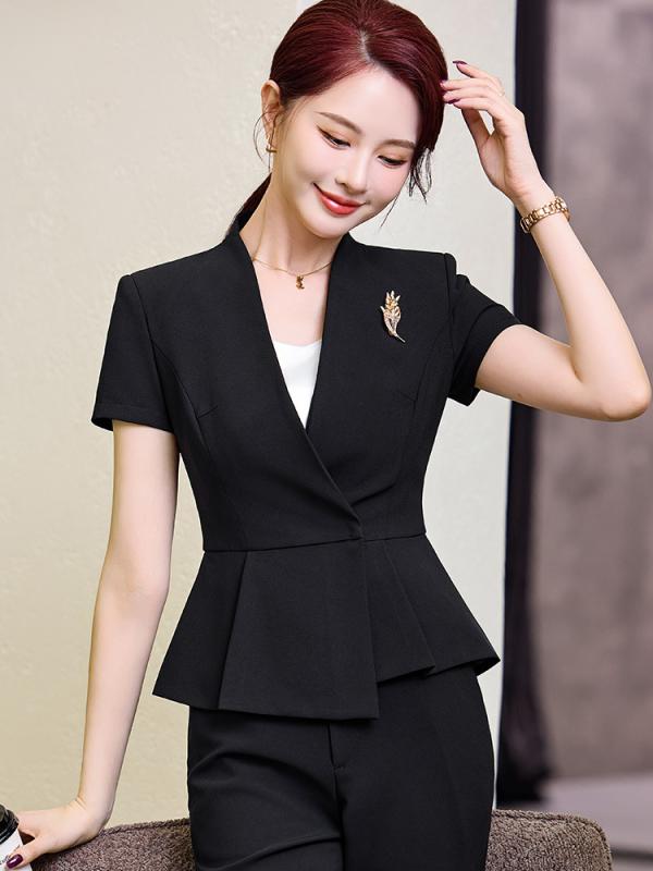 セットアップ レディース 春夏 半袖 ビジネス 接客 受付 オフィスウェア 制服 ブラック ブルー レッド エレガント 上品 薄手 ストレッチ ポリエステル ポリウレタン フォーマル パンツスーツ スカート スラックス テーラードジャケット ボタ