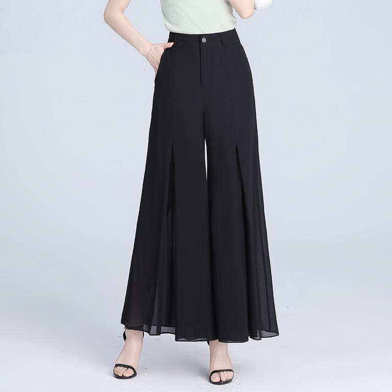 カジュアルパンツ レディース シフォン キュロット ガウチョ ワイド ストレート ハイウエスト ゆったり 上品 きれいめ 通勤 オフィス 黒 春夏 ポリエステル 伸縮性 ポケット ボトムス ズボン 無地 涼しい