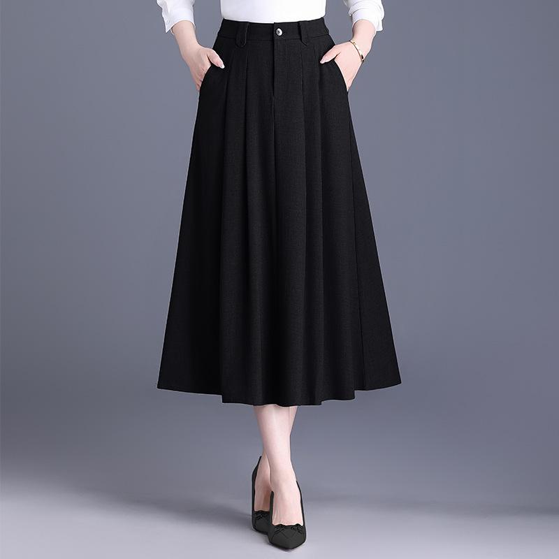 プリーツスカート レディース Aライン ミモレ丈 ロング丈 ハイウエスト 通勤 オフィス ビジネス フォーマル 事務服 体型カバー お腹カバー ポリエステル ストレッチ 上品 エレガント 黒 グレー オールシーズン 40代 着痩せ 無地