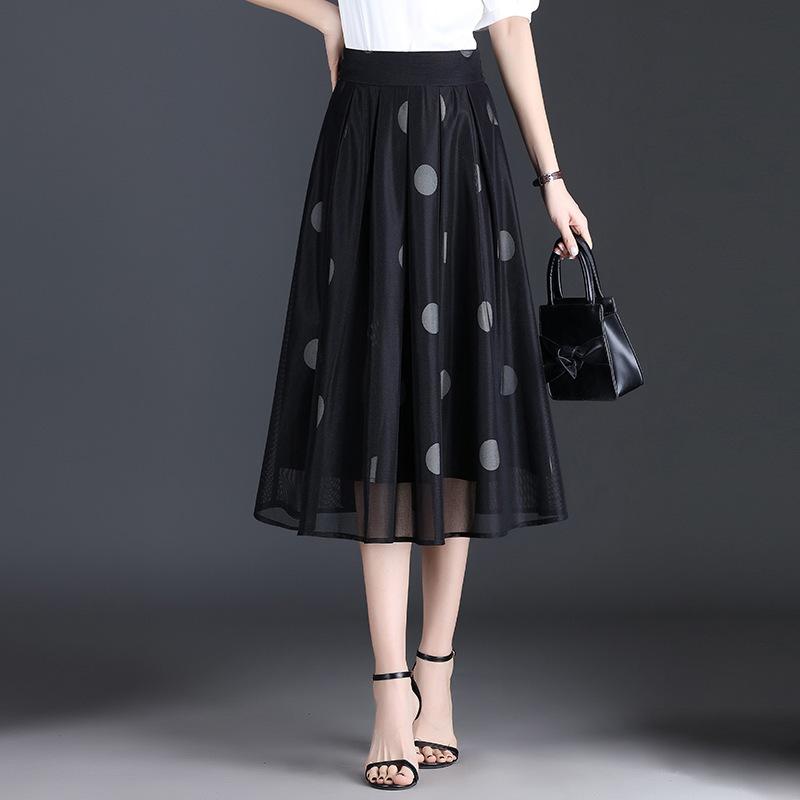 スカート レディース ロング ミモレ丈 ドット柄 水玉模様 Aライン フレア チュール メッシュ 切り替え プリーツ 上品 きれいめ エレガント 通勤 オフィス カジュアル ポリエステル ストレッチ 秋冬 ボトムス