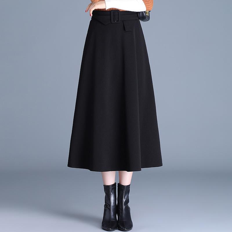 スカート レディース Aラインスカート ロングスカート ミモレ丈 ハイウエスト 切り替え フレアスカート シンプル カジュアル オフィス 通勤 普段使い 秋冬 黒 無地 体型カバー 腰回りカバー ポリエステル ストレッチ 上品 きれいめ ボトムス