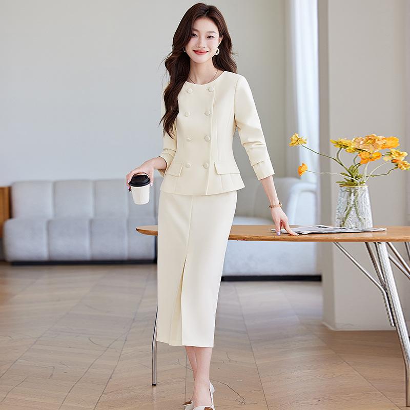 セットアップ レディース 春秋 長袖 高級感 ビジネス スーツ フォーマル ジャケット スカート パンツ 通勤 事務服 オフィス ライトブルー ネイビー アプリコット ポリエステル 膝丈 無地 ボタン OL きれいめ 上品